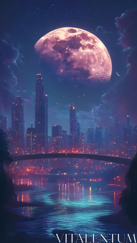 Gigantic magenta moon dominates neon-lit river city skyline
