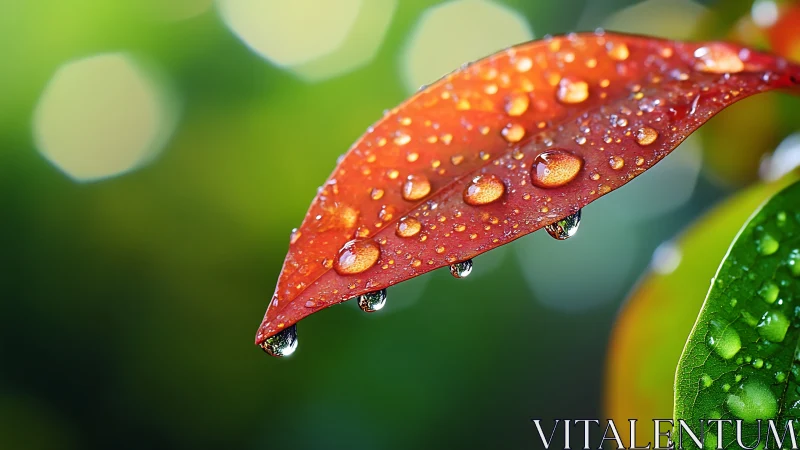 Scarlet leaf macro with shimmering raindrops in bokeh glow.
