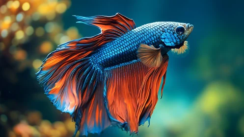 Vibrant betta fish glides through luminous aquatic bokeh.