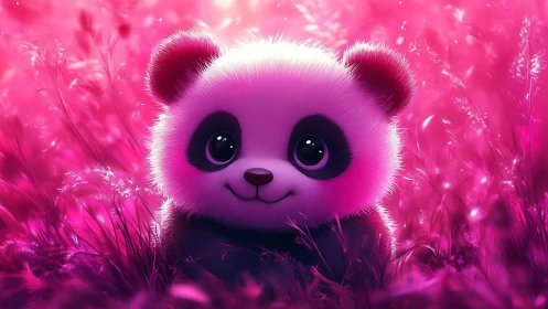 Bright eyed baby panda glows in a dreamy pink meadow