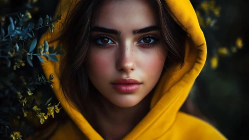 Softly lit girl in yellow hoodie framed by gentle foliage.