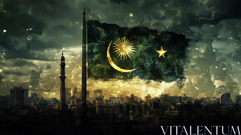 Celestial crescent flag blazing above storm-lit metropolis.