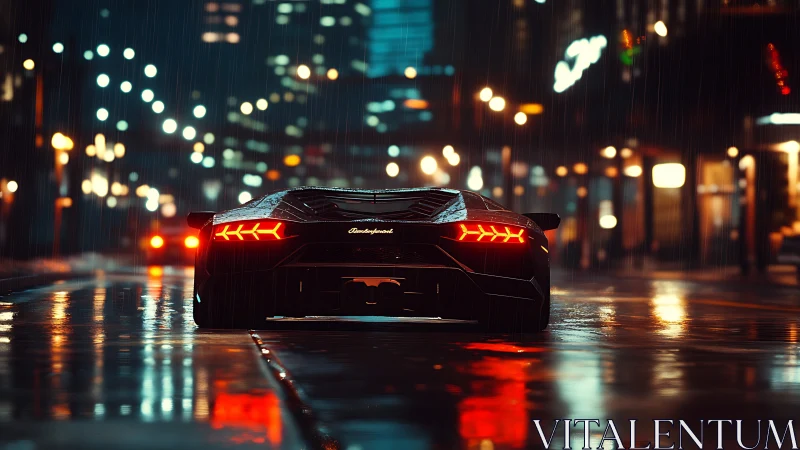 Supercar rear view in neon-lit rainy urban nightscape.