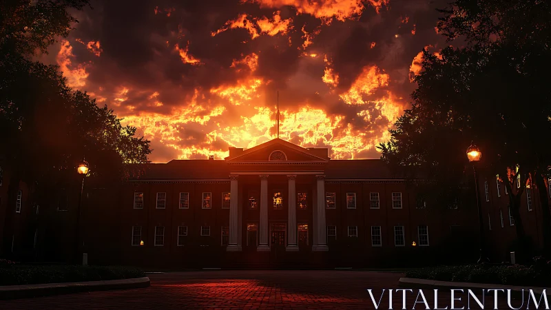 Sunset glow embracing a stately brick campus hall.