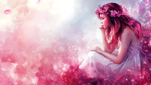 Girl in white dress sits amid luminous pink petals