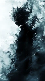Silhouetted anime figure dissolves into abstract monochrome vapor