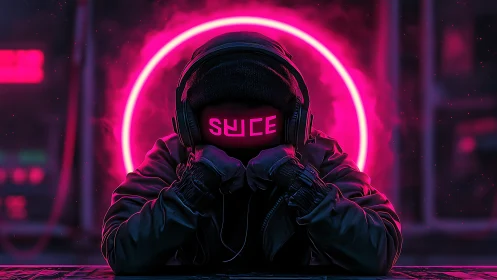 Neon hooded listener rests within a glowing cyberpunk halo