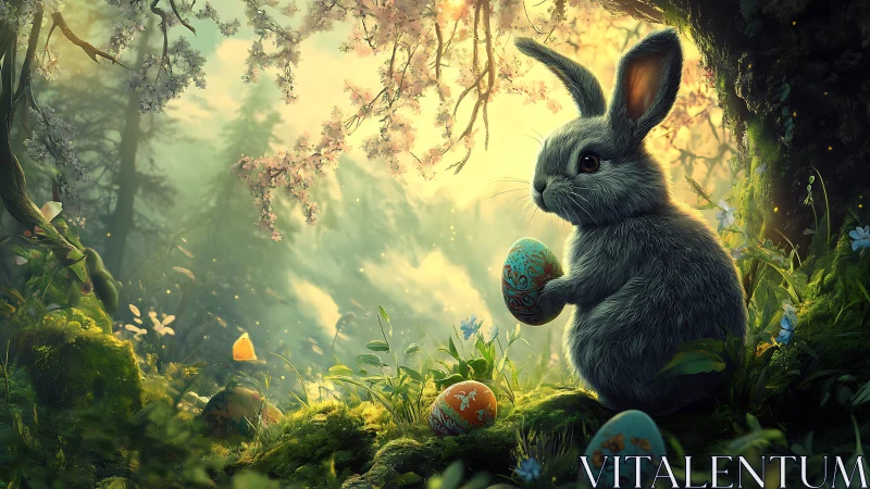 Twilight grove bunny cradling enchanted painted eggs.