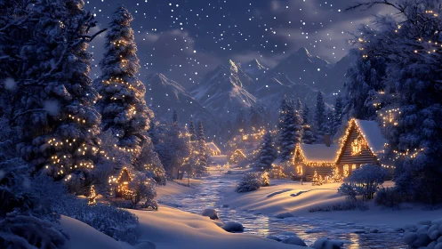 Snowy cabins glow softly under a magical winter night sky