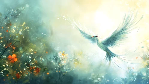 Luminous white bird soaring over ethereal floral meadow.