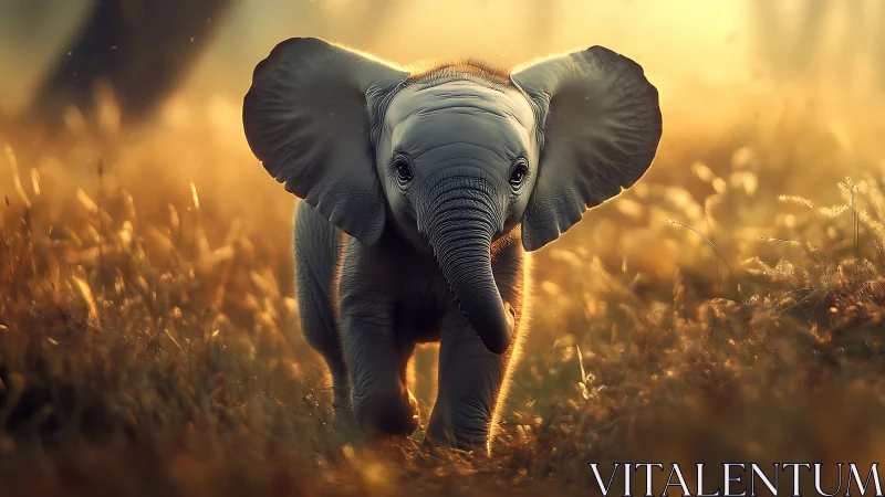 Sunlit baby elephant trotting through golden savanna glow.