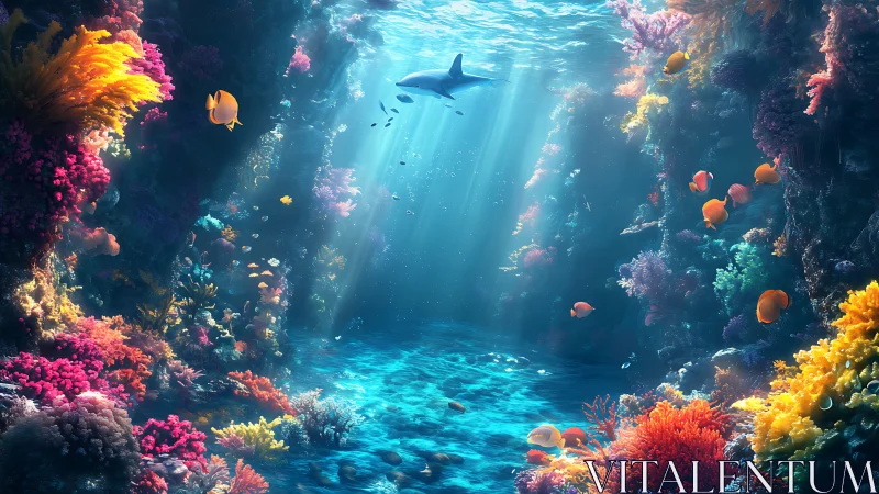 Vibrant coral canyon frames sunlit shark in clear water.