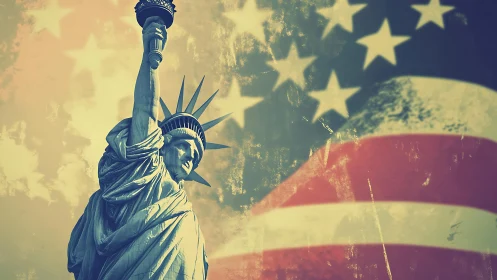 Statue of Liberty rises before a weathered American flag glow