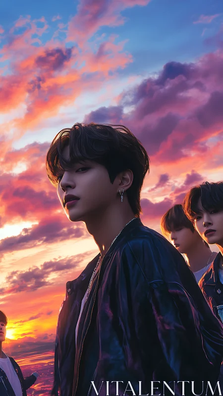 Idol group stands beneath neon sunset sky in dreamy glow