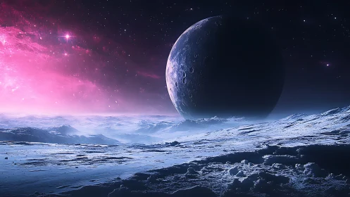 Icy exoplanet landscape with cratered moon and magenta nebula