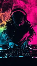 Neon smoke DJ conjures midnight beats from glowing decks.