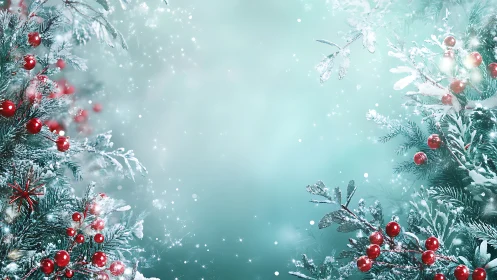 Snow covered evergreen branches frame red berry decorations