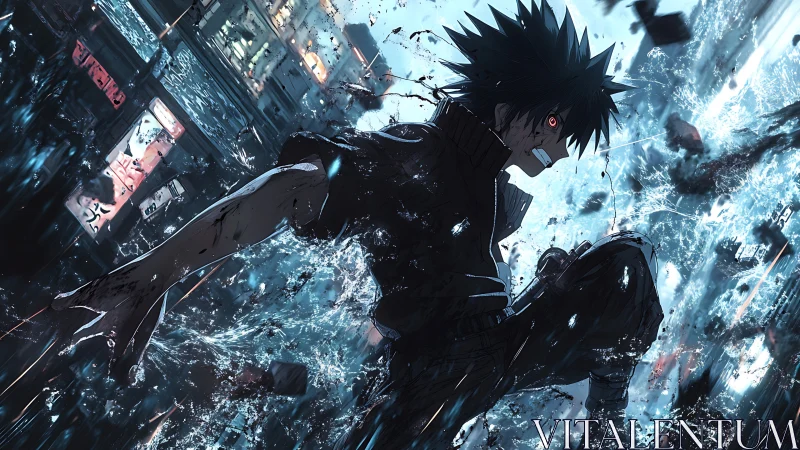 Stormlit anime warrior unleashes fierce energy in the city