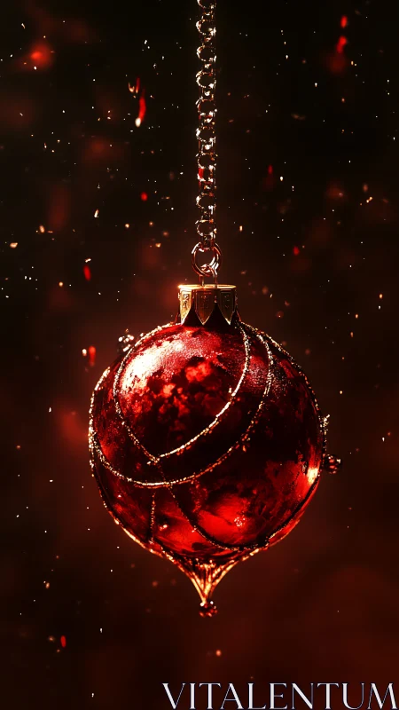 Glistening red ornament glowing in cozy holiday light.