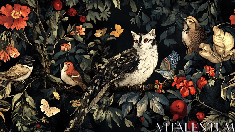 Detailed illustration of birds and owl in vibrant floral setting.