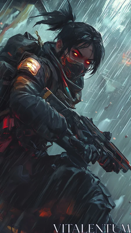 Cybernetic sniper crouches under neon rain in battle-ready pose.