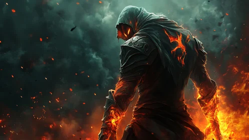 Fiery hooded warrior strides through swirling stormfire