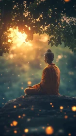 Golden forest meditation at sunrise with gentle glowing lights.