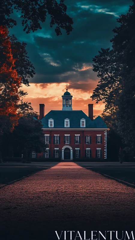 Twilight manor stands beneath ember clouds and brooding trees.