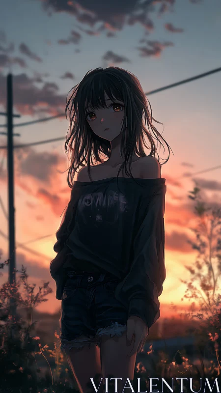 Backlit anime figure in dusk field with volumetric lighting.