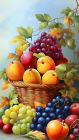 Basket of assorted fruit with grapes, apples, pears, and leaves