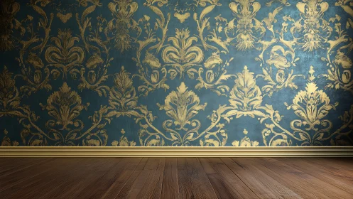 Baroque gold damask wall with polished wooden flooring.