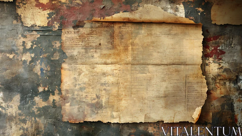 Weathered parchment poster clings to a crumbling city wall.