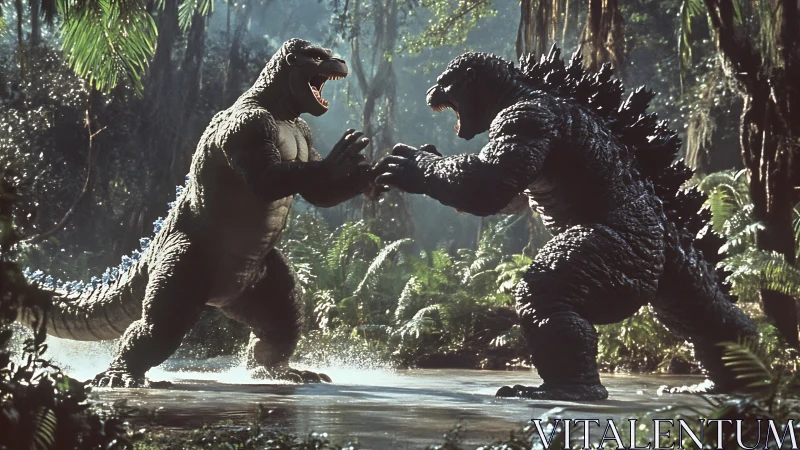 Roaring titan showdown in a sunlit jungle clearing.