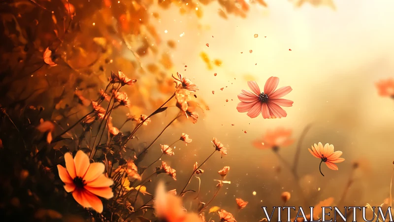 Cosmos flowers scatter and fragment through warm golden light