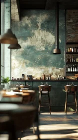Industrial cafe interior with textured patina wall and warm daylight