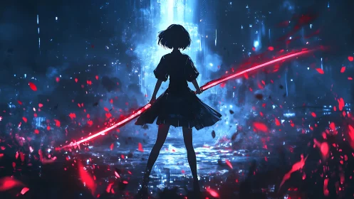 Silhouetted figure with red energy blade in wet cityscape.