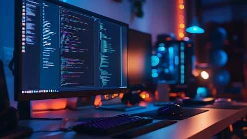 Ultrawide IDE workspace in neon-lit high-performance dev studio.