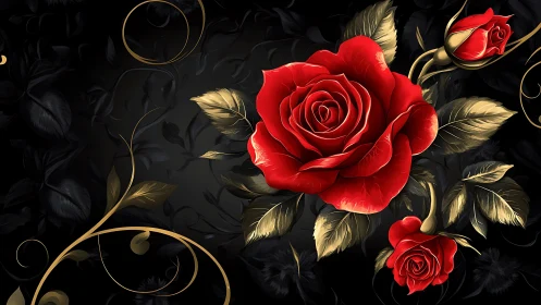 Crimson roses with gilded foliage against deep noir background design.