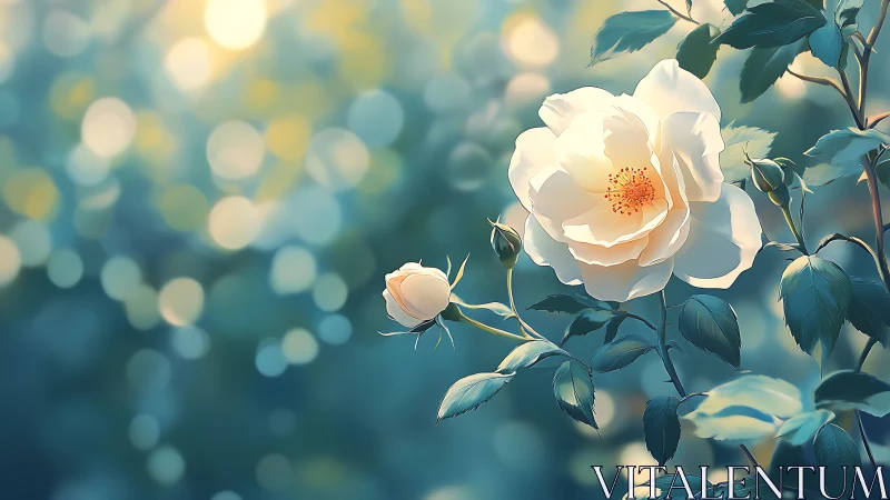 Luminous white rose blooms amid bokeh particles and teal atmospheric depth.