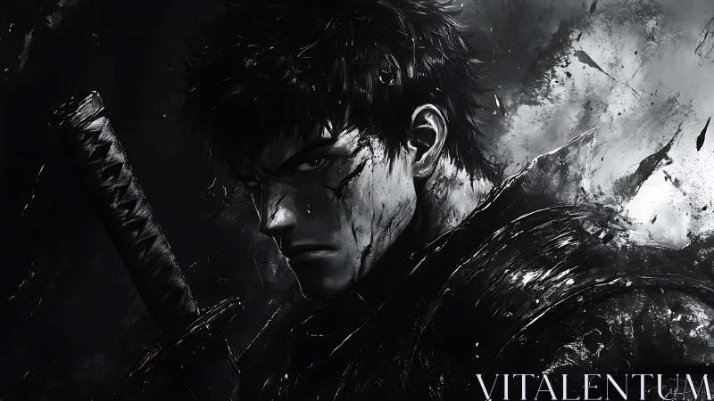 Brooding swordsman stands in swirling monochrome battle haze.