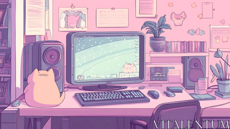 Cozy pink desk scene with a curious cat and glowing screen.