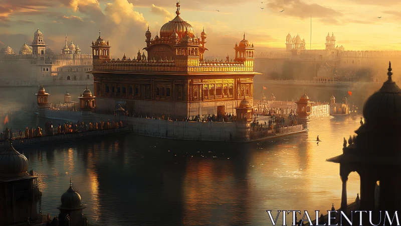 Golden temple complex at sunset in luminous digital painting.