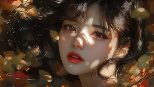 Female face amid autumn foliage with dappled sunlight.