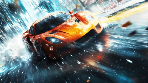 Orange supercar explodes through neon rain in dynamic rush