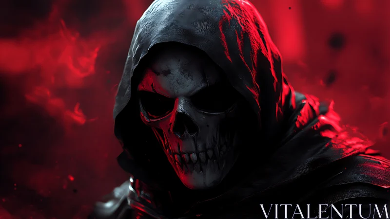 Hooded skull reaper glows under crimson inferno light.