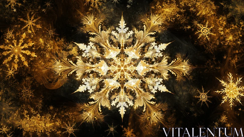 Golden fractal snowflake radiates ornate luminous symmetry.