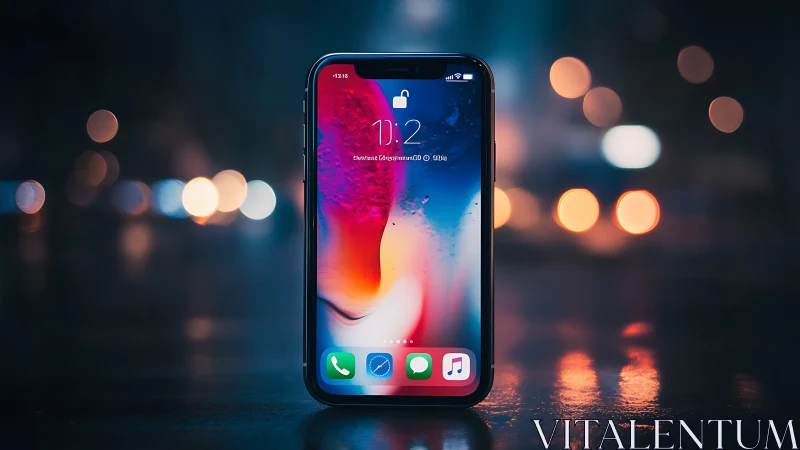 Modern iPhone with Abstract Gradient Display in Bokeh Environment.