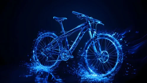 Futuristic glowing mountain bike in blue neon digital art style.