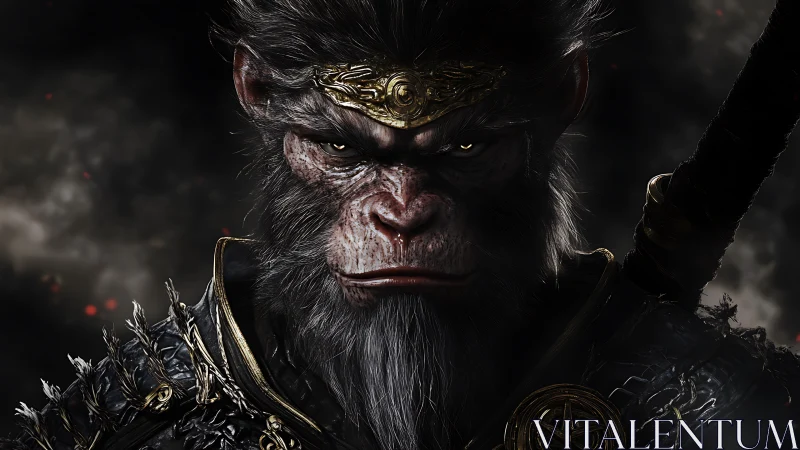 Armored simian warrior rendered in dramatic photoreal detail