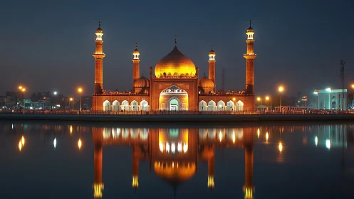 Illuminated mosque with domes and minarets reflected in water.